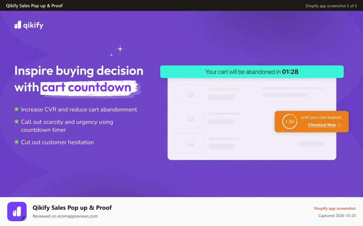 Qikify Sales Pop up & Proof Shopify app screenshot: cart countdown and countdown timer