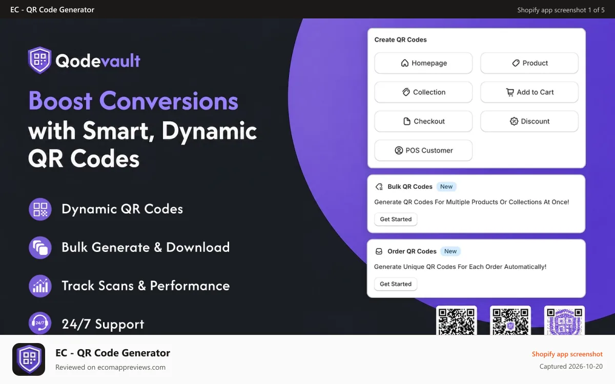 EC ‑ QR Code Generator Shopify app screenshot: Boost Conversions with Smart, Dynamic QR Codes. Trackable QR