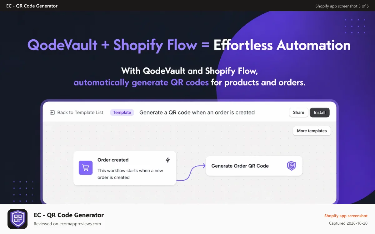 EC ‑ QR Code Generator Shopify app screenshot: QodeVault + Shopify Flow = Effortless Automation