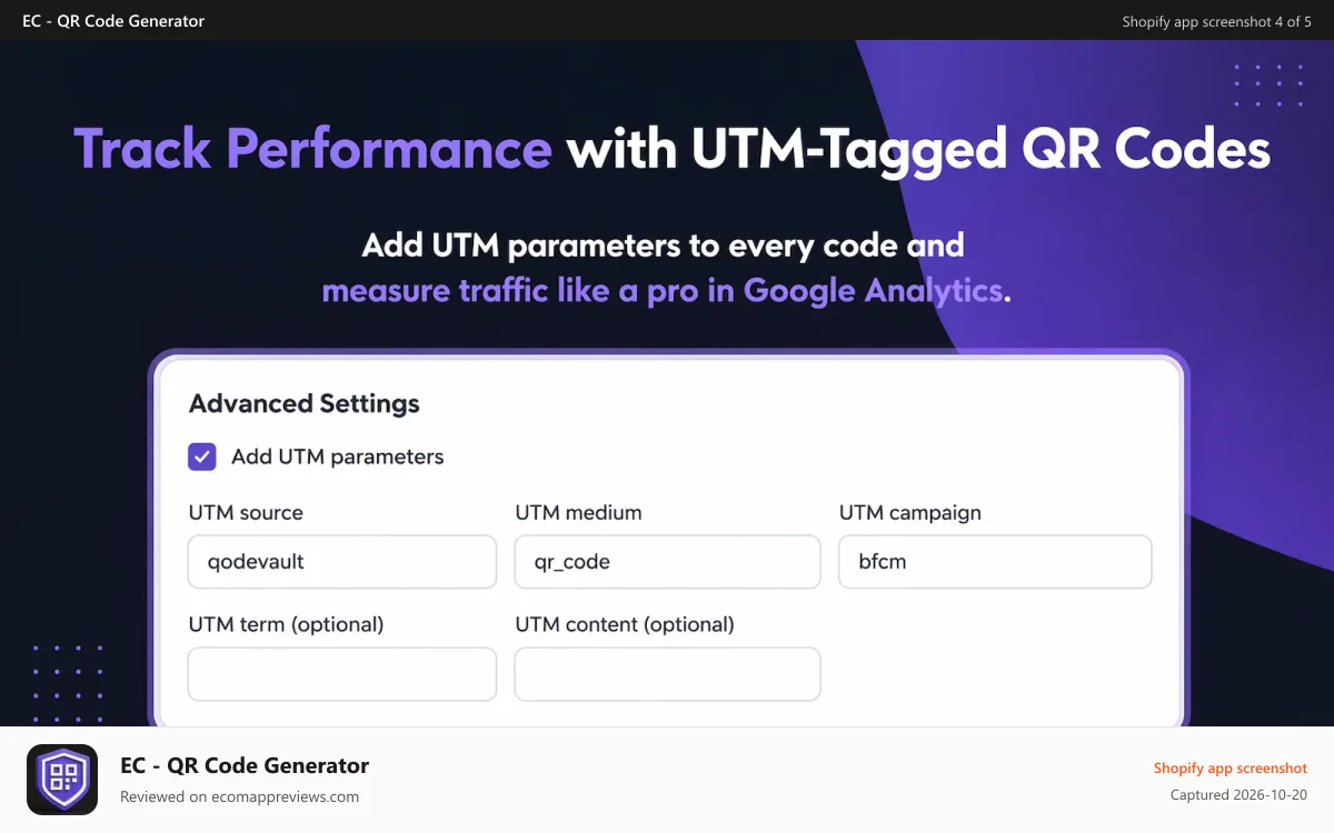 EC ‑ QR Code Generator Shopify app screenshot: Track Performance with UTM
