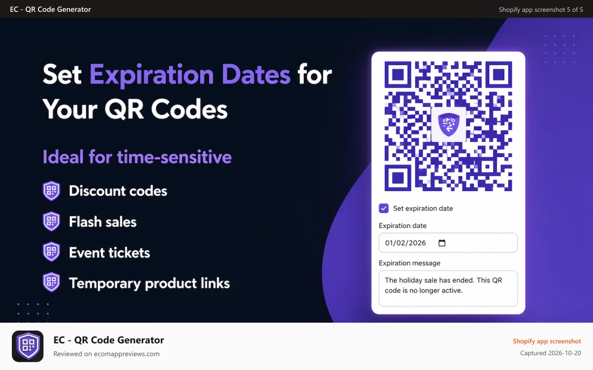 EC ‑ QR Code Generator Shopify app screenshot: Set Expiration Dates for Your QR Codes.