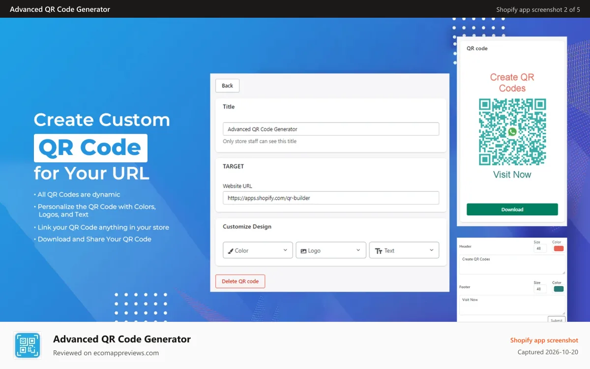 Advanced QR Code Generator Shopify app screenshot: Create Custom QR Code for your URL.