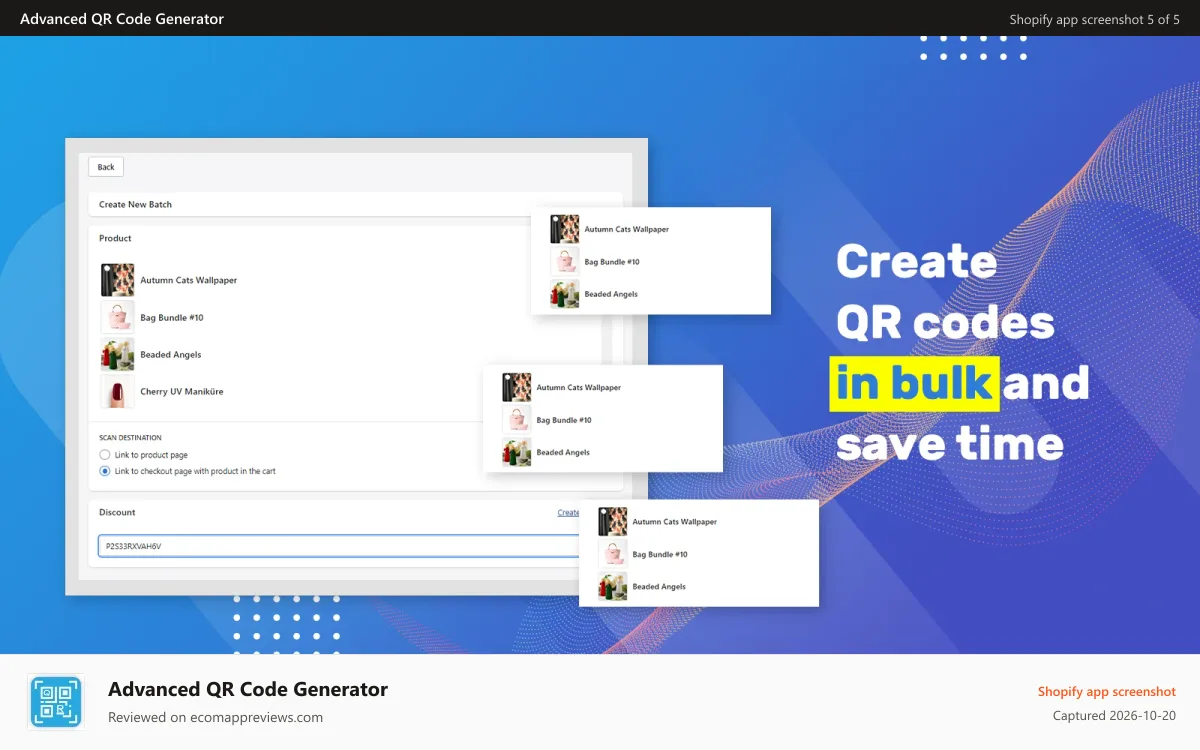 Advanced QR Code Generator Shopify app screenshot: Bulk Create QR save time with Advanced QR Code Generator app.