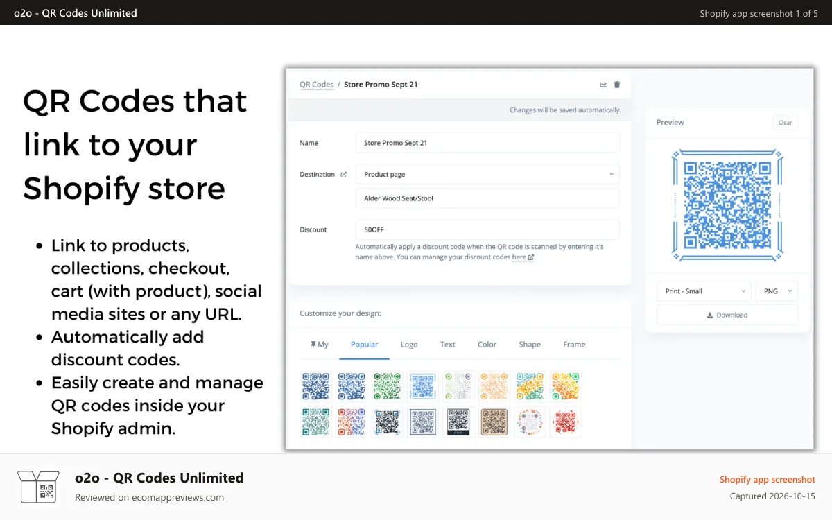 o2o ‑ QR Codes Unlimited Shopify app screenshot: Create QR Codes that link right into your store