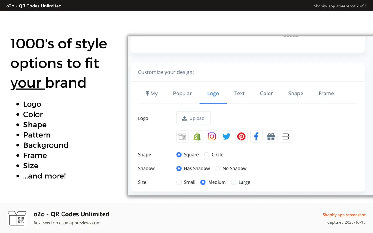 o2o ‑ QR Codes Unlimited Shopify app screenshot: 1000's of style options to fit your brand
