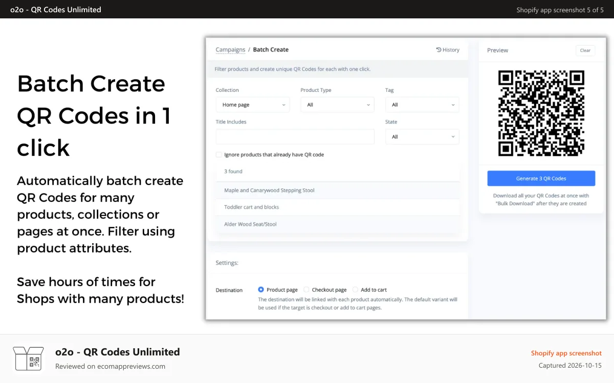 o2o ‑ QR Codes Unlimited Shopify app screenshot: Batch create QR Codes in 1 click