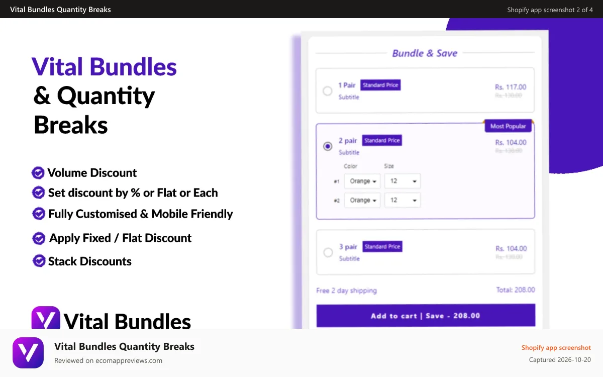 Vital Bundles Quantity Breaks Shopify app screenshot: Vital Bundles Quantity Breaks
