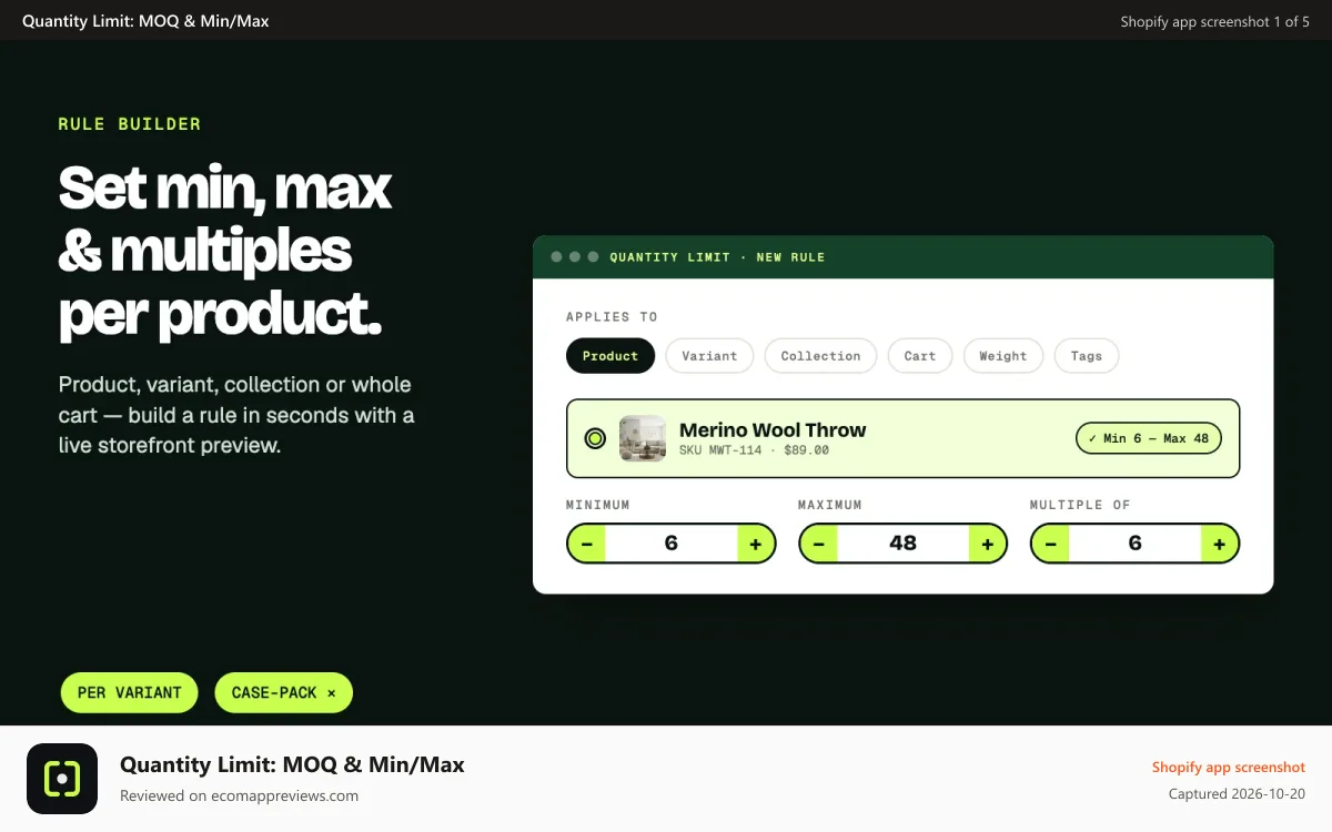 Quantity Limit: MOQ & Min/Max Shopify app screenshot: Limit form setting a minimum, maximum and multiple for a product