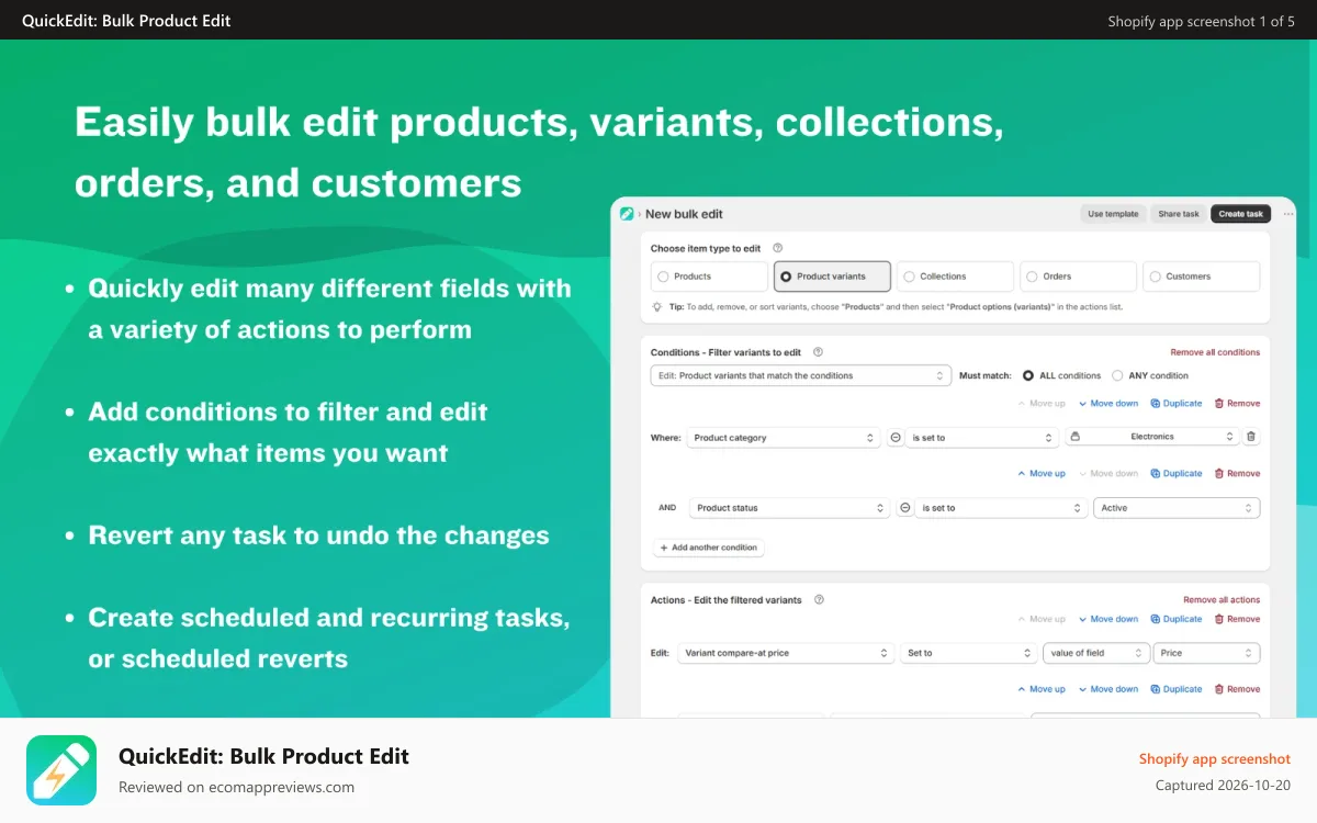 QuickEdit: Bulk Product Edit Shopify app screenshot: Save time editing products - Powerful rules - Create schedules