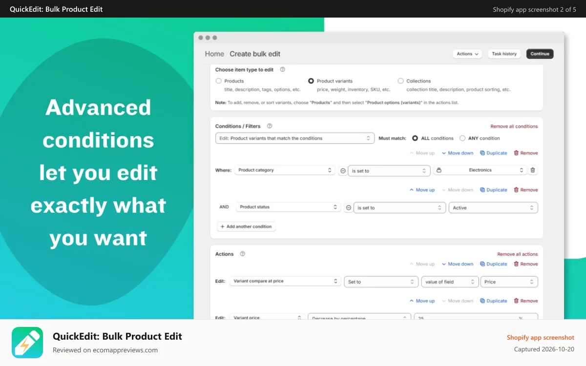 QuickEdit: Bulk Product Edit Shopify app screenshot: Advanced conditions let you edit exactly what you want