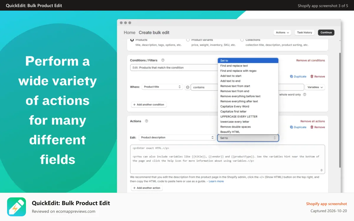 QuickEdit: Bulk Product Edit Shopify app screenshot: Perform a wide variety of actions for many different fields
