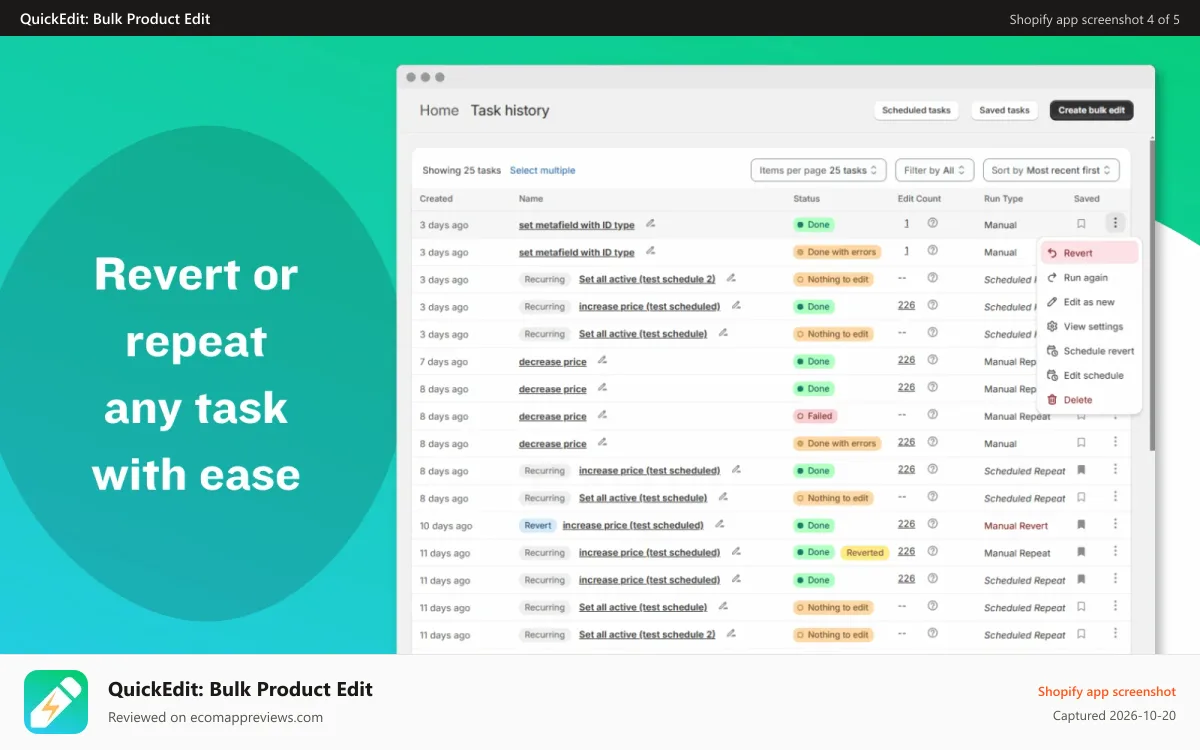 QuickEdit: Bulk Product Edit Shopify app screenshot: Revert or repeat any task with ease
