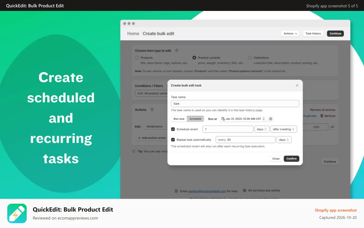 QuickEdit: Bulk Product Edit Shopify app screenshot: Create scheduled and recurring tasks