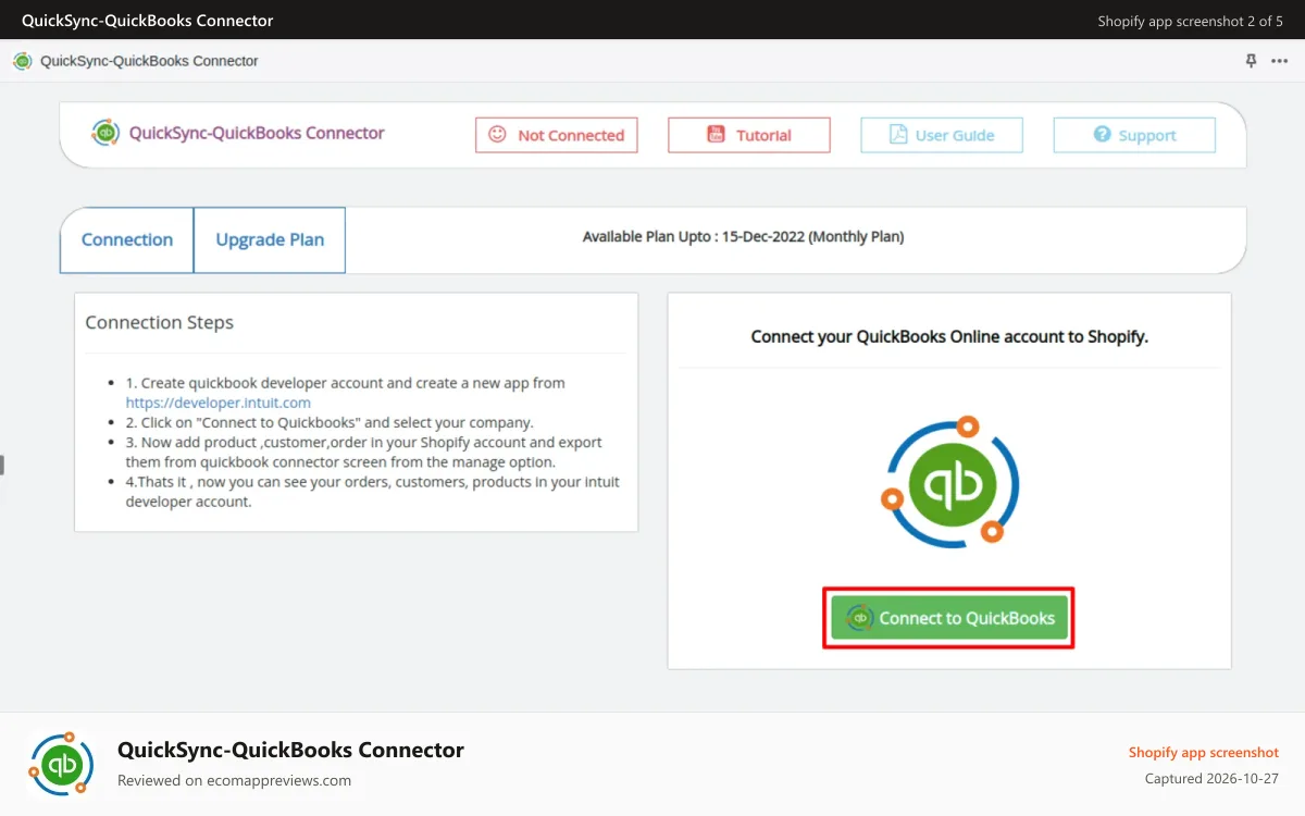 QuickSync‑QuickBooks Connector Shopify app screenshot: Connection Page