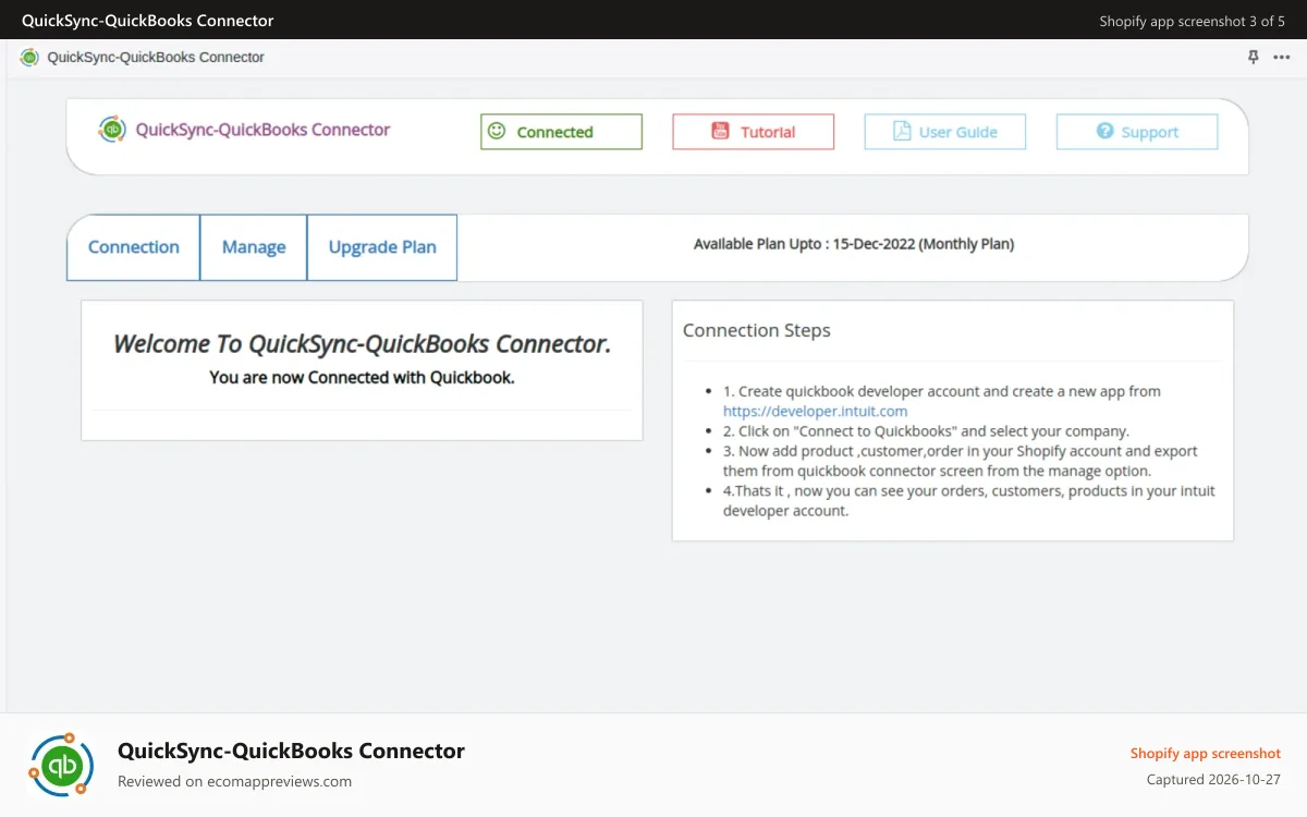 QuickSync‑QuickBooks Connector Shopify app screenshot: After Connection Page