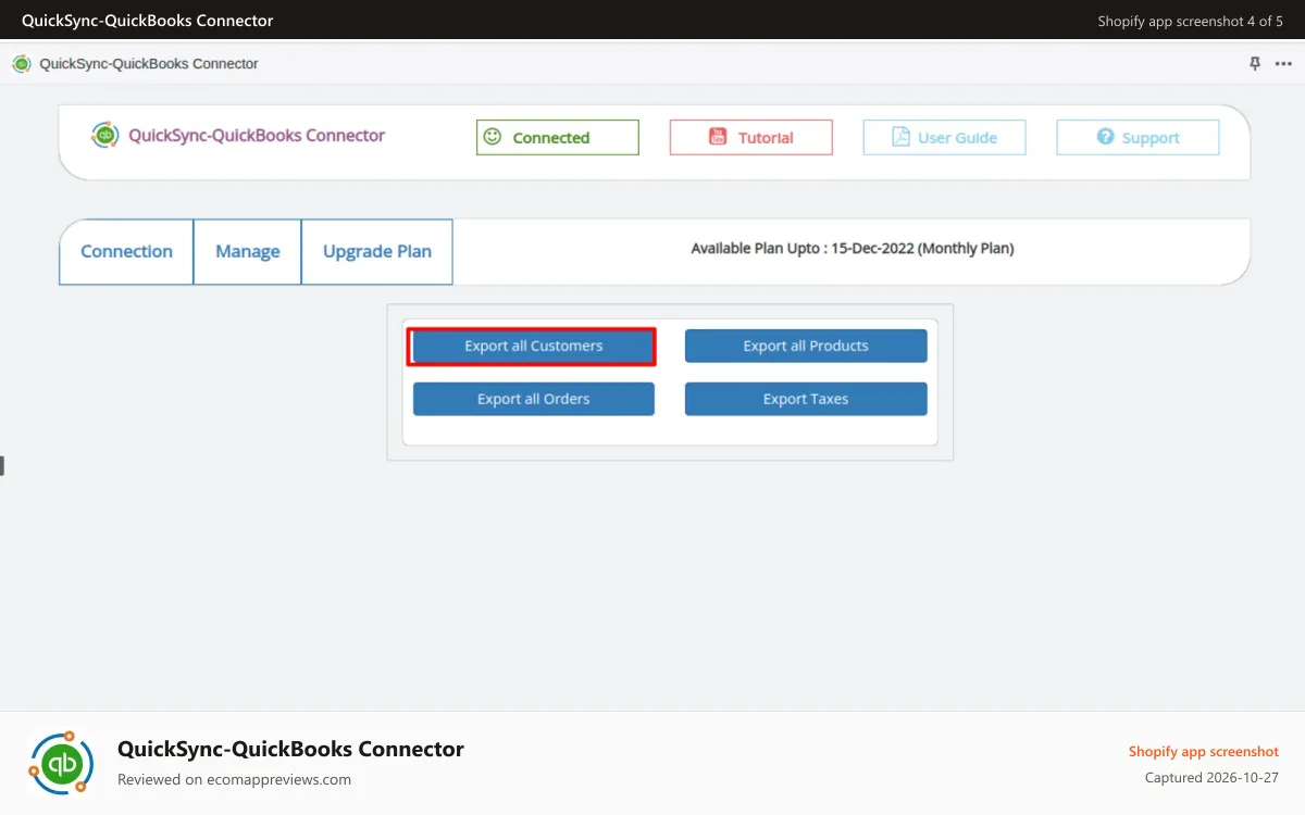 QuickSync‑QuickBooks Connector Shopify app screenshot: Export Customer page