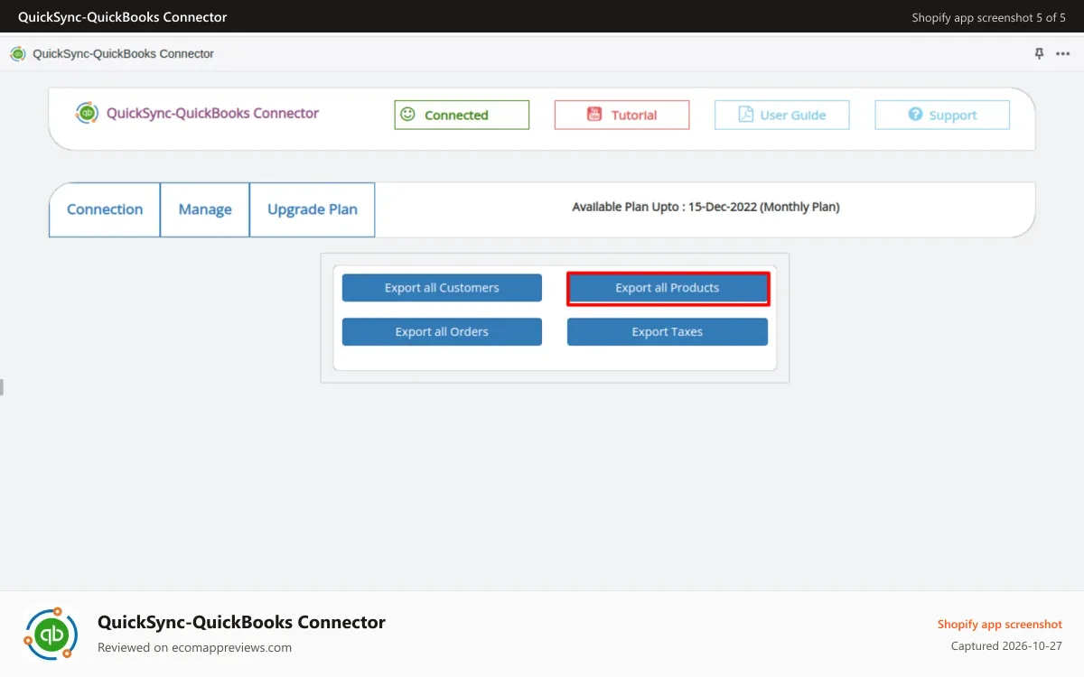 QuickSync‑QuickBooks Connector Shopify app screenshot: Export Product page