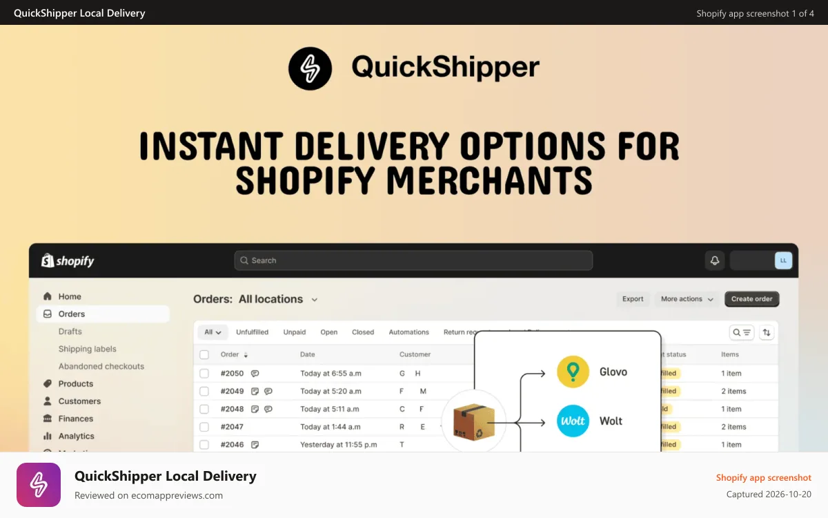 QuickShipper Local Delivery Shopify app screenshot: Local delivery for Shopify store