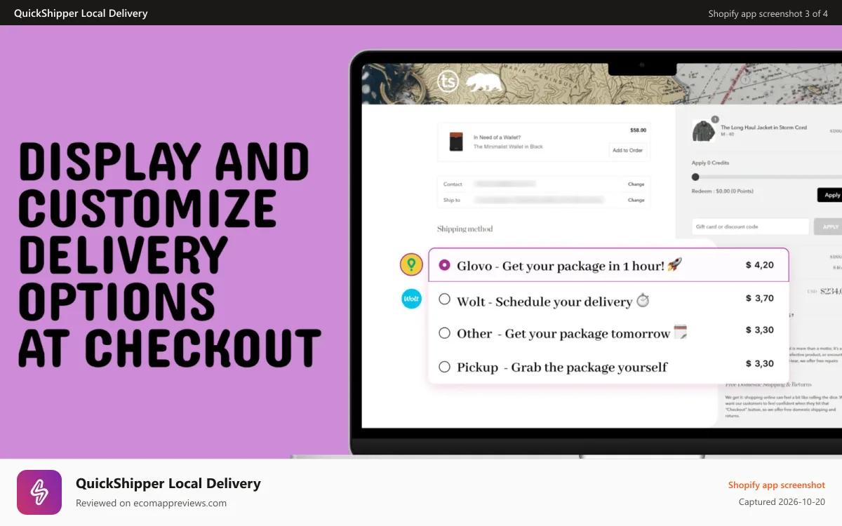 QuickShipper Local Delivery Shopify app screenshot: Fast local delivery