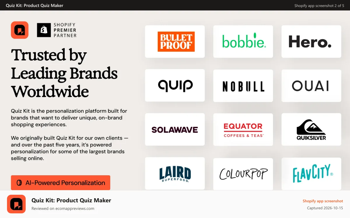 Quiz Kit: Product Quiz Maker Shopify app screenshot: Trusted by the largest brands online