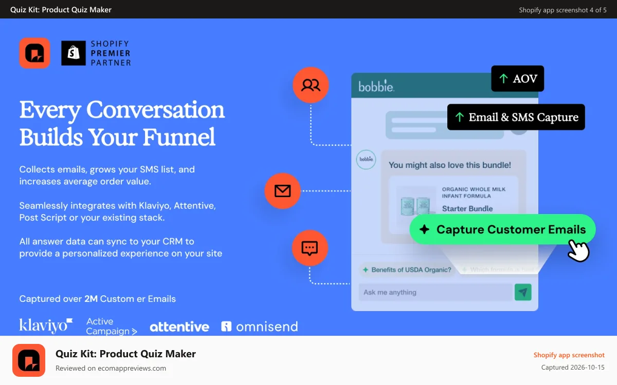 Quiz Kit: Product Quiz Maker Shopify app screenshot: AI Shopping Quiz Integrations with popular ecommerce tech stack
