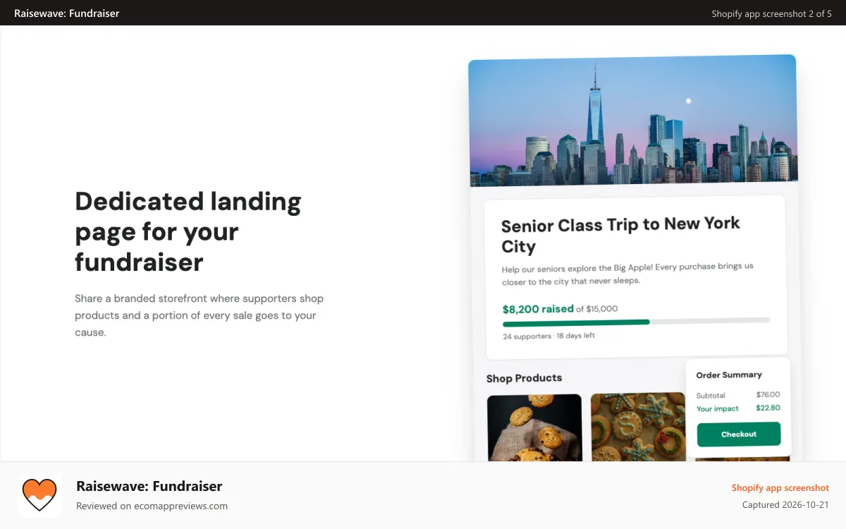 Raisewave: Fundraiser Shopify app screenshot: dedicated landing page for fundraiser