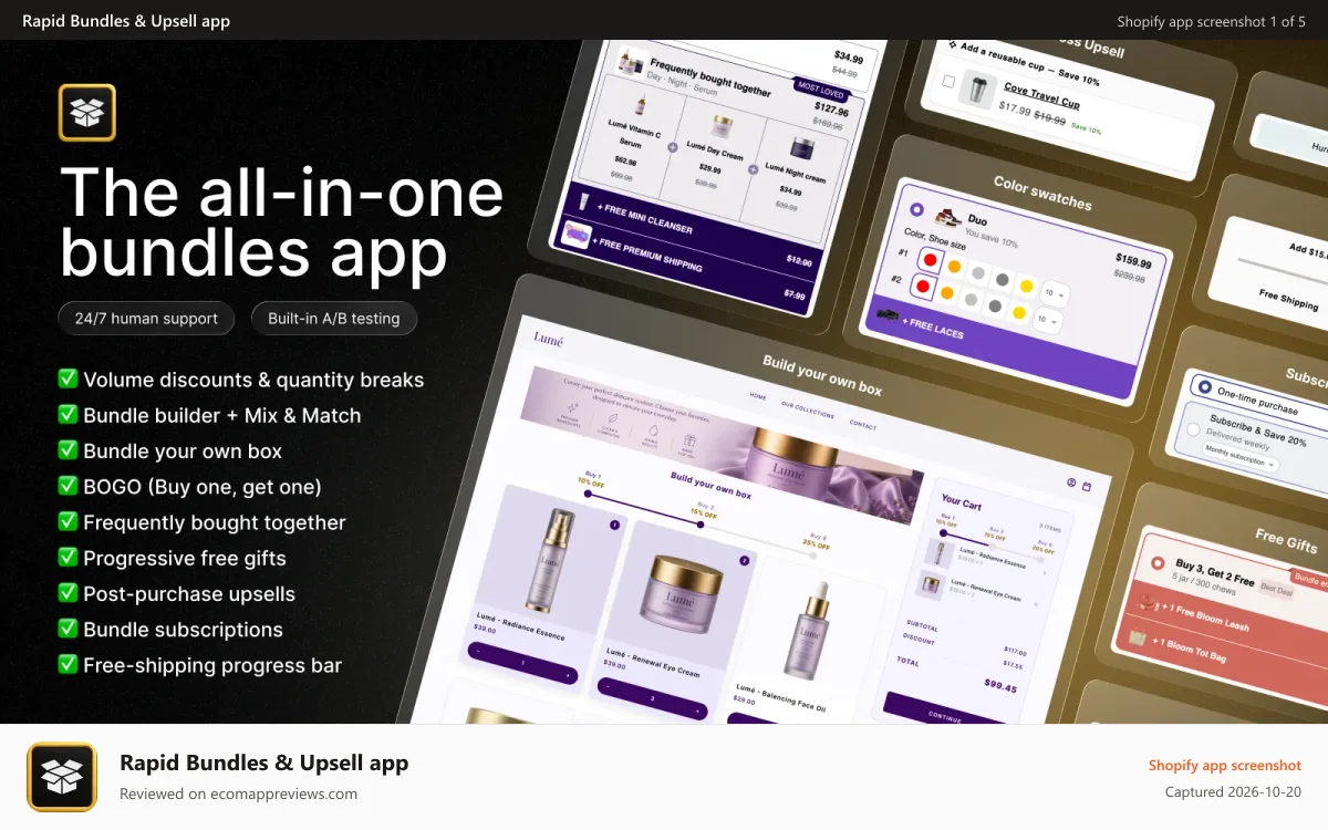 Rapid Bundles & Upsell app Shopify app screenshot: Rapid bundle app with offers, discounts, and upsells