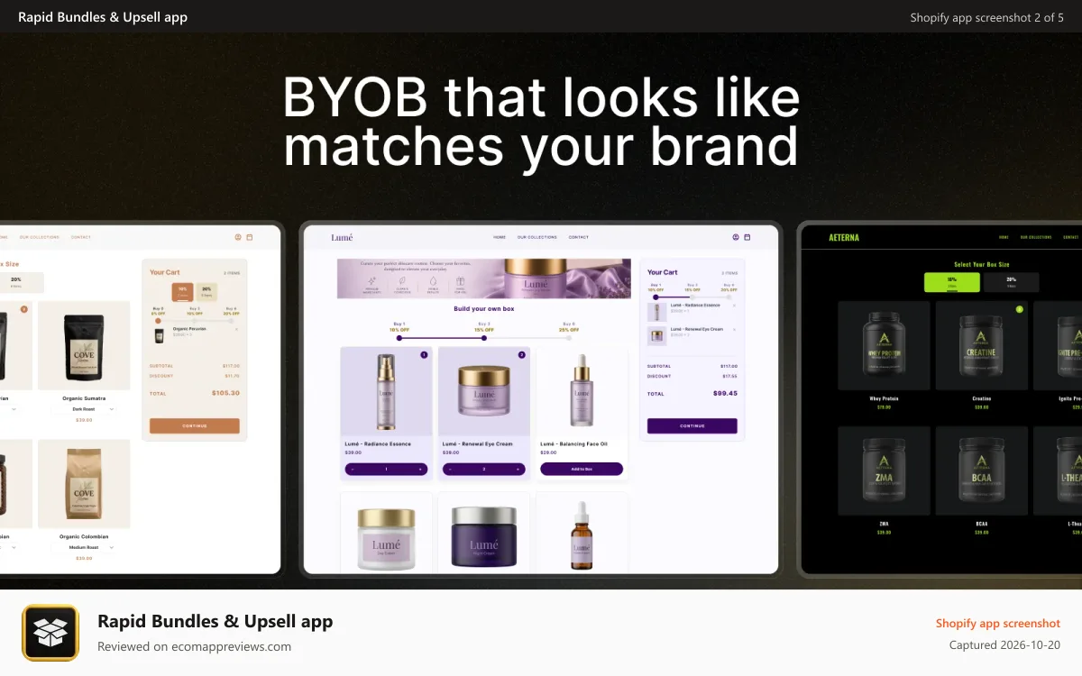 Rapid Bundles & Upsell app Shopify app screenshot: Three branded storefronts using custom Rapid bundles