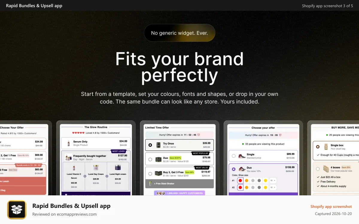 Rapid Bundles & Upsell app Shopify app screenshot: Customizable Rapid bundle templates for any brand