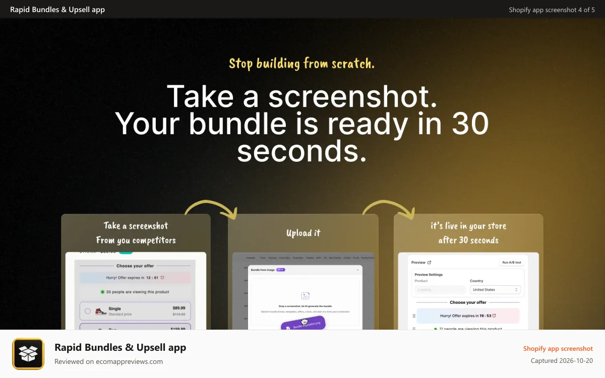 Rapid Bundles & Upsell app Shopify app screenshot: Create a Rapid bundle from a screenshot in 30 seconds