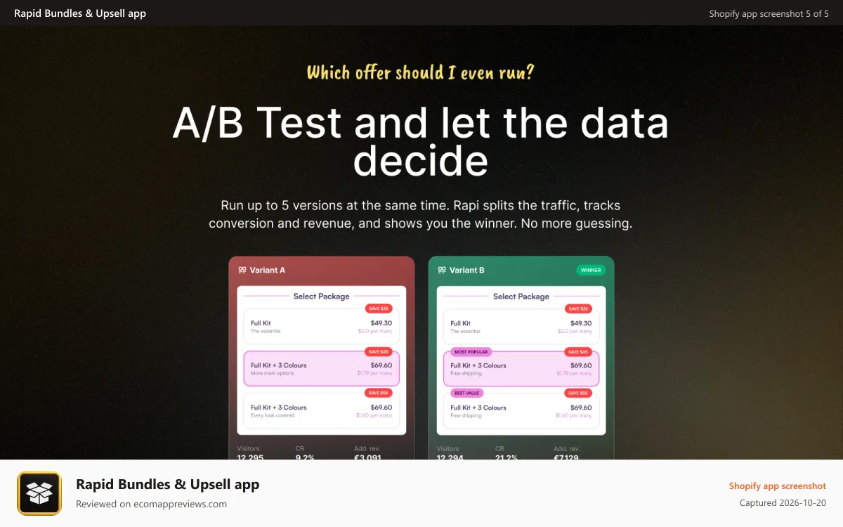 Rapid Bundles & Upsell app Shopify app screenshot: Rapi A/B test comparing two bundle offer variants