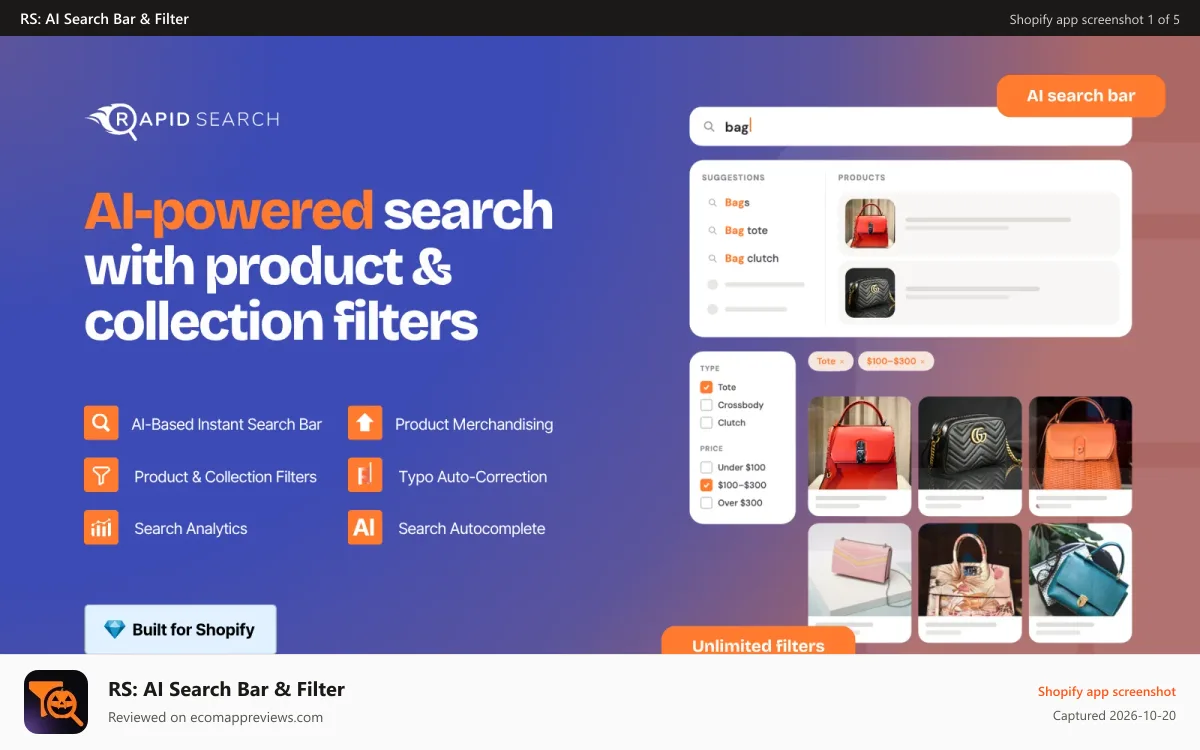 RS: AI Search Bar & Filter Shopify app screenshot: Shopify smart search app to boost store conversions
