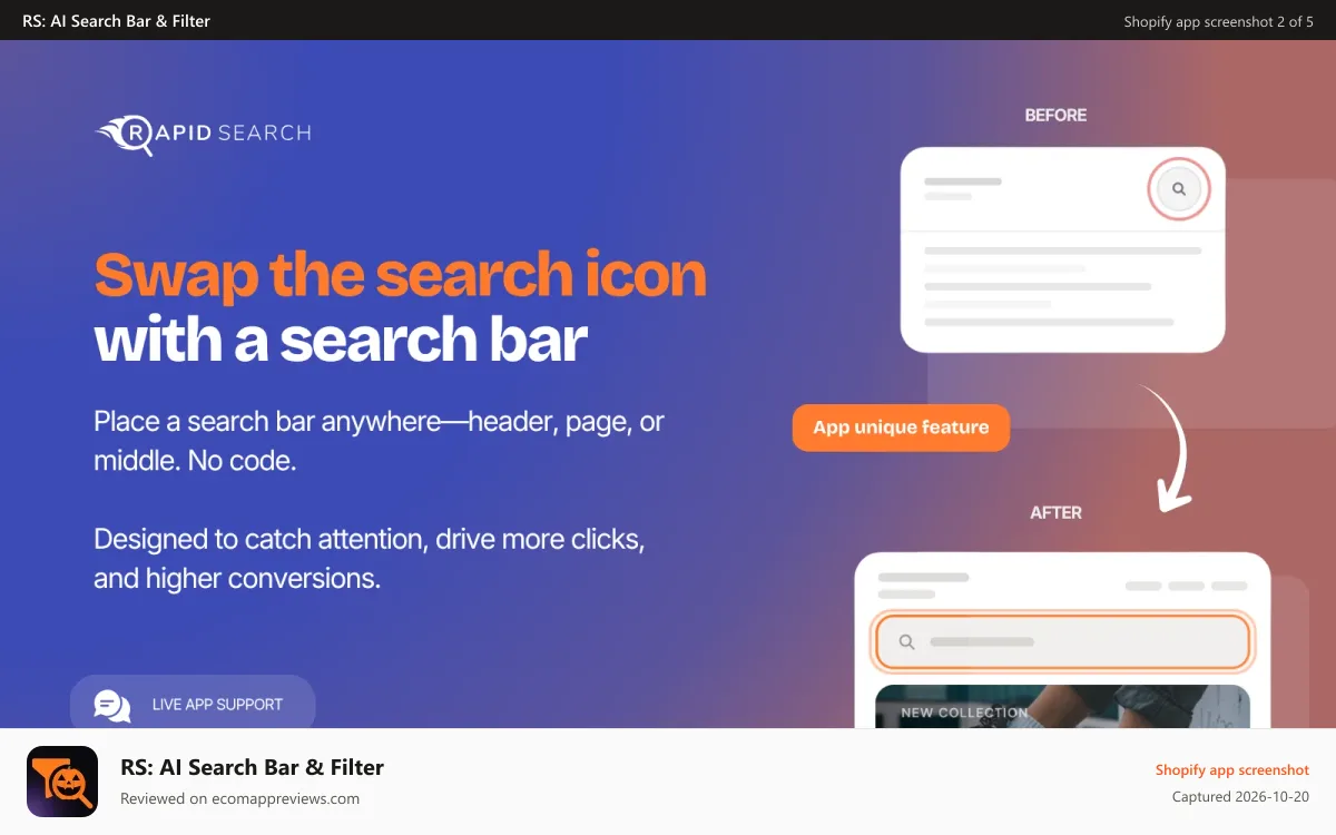 RS: AI Search Bar & Filter Shopify app screenshot: Always visible Shopify search bar for higher conversions