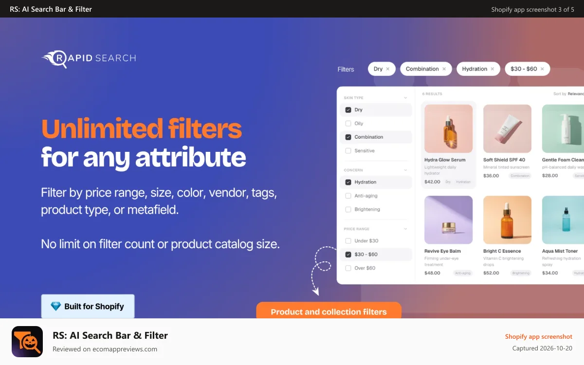 RS: AI Search Bar & Filter Shopify app screenshot: Shopify customizable product and collection filters