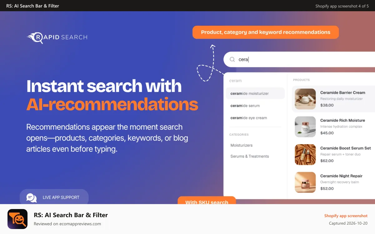 RS: AI Search Bar & Filter Shopify app screenshot: Shopify autocomplete search with instant product recommendations