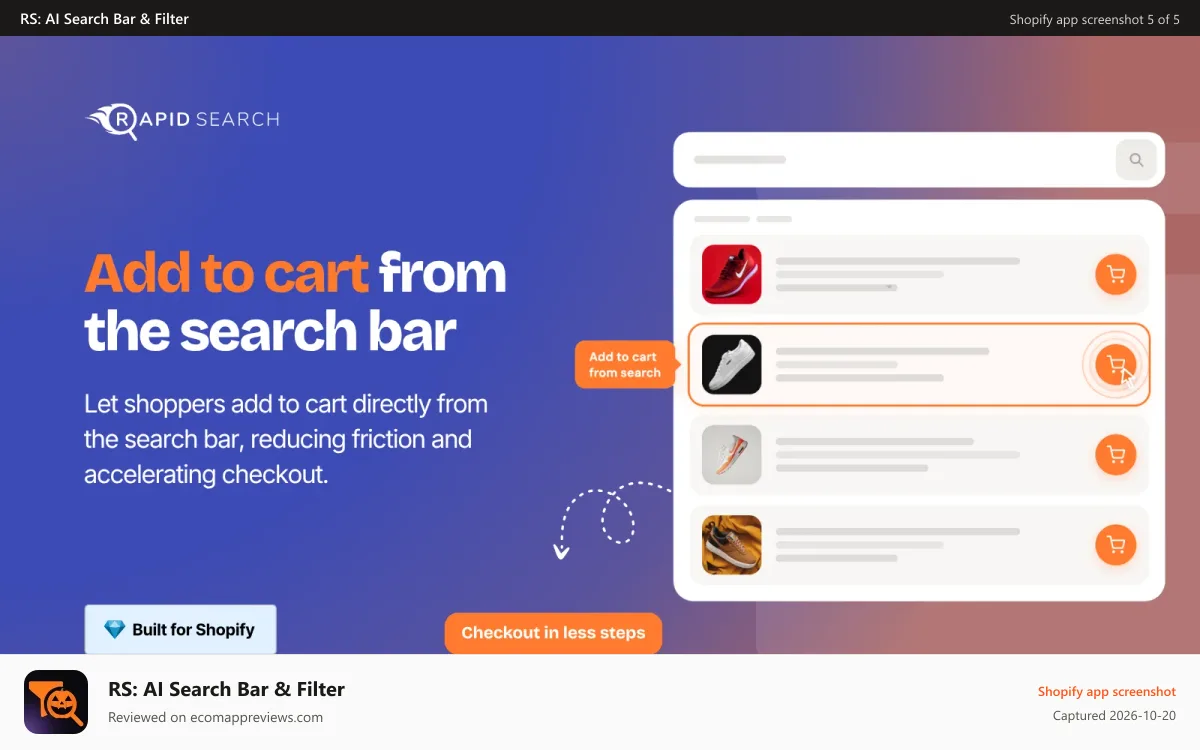 RS: AI Search Bar & Filter Shopify app screenshot: Add products from cart in your Shopify store