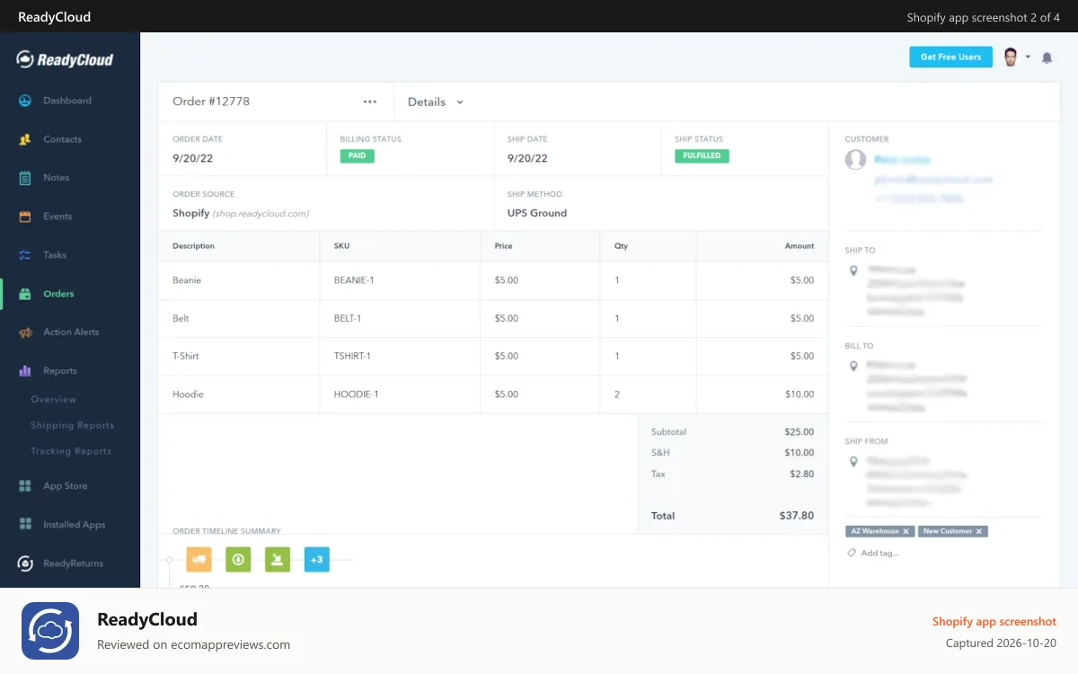 ReadyCloud Shopify app screenshot: Sync order details, timelines and shipping events.