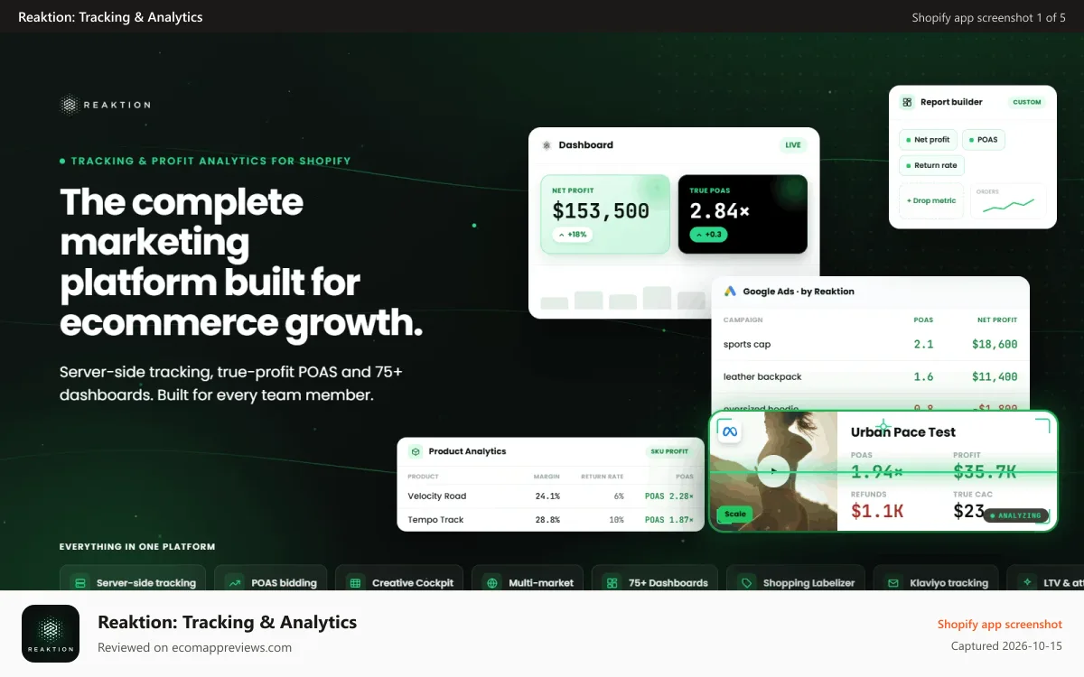Reaktion: Tracking & Analytics Shopify app screenshot: Marketing tracking and profit optimization for Shopify brands