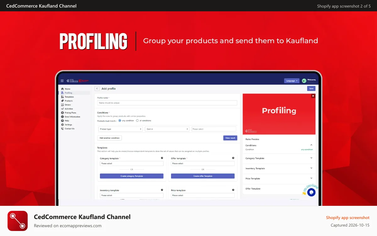 CedCommerce Kaufland Channel Shopify app screenshot: Profiling