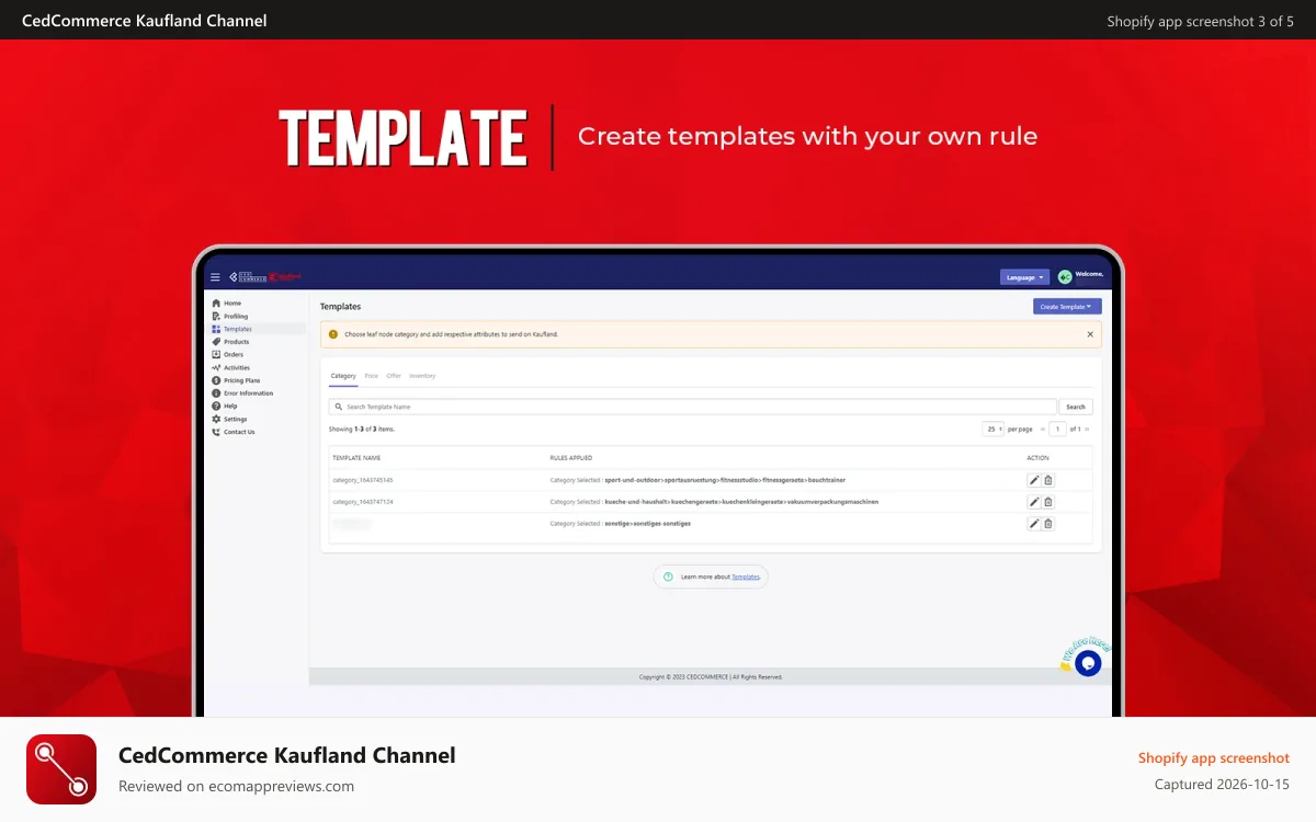 CedCommerce Kaufland Channel Shopify app screenshot: Template
