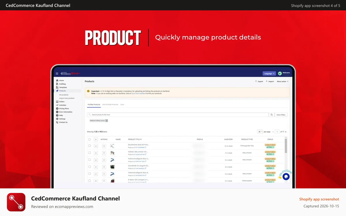 CedCommerce Kaufland Channel Shopify app screenshot: Product