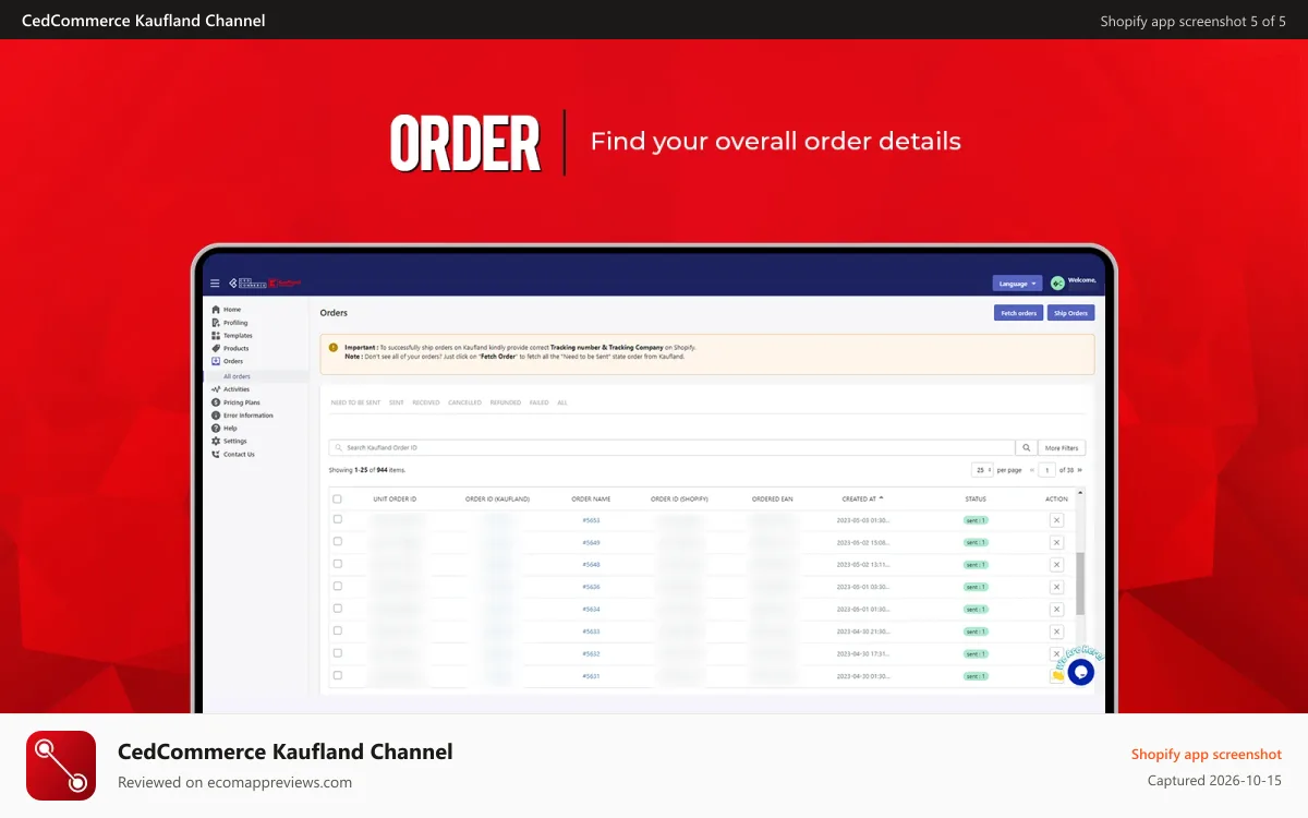 CedCommerce Kaufland Channel Shopify app screenshot: Order