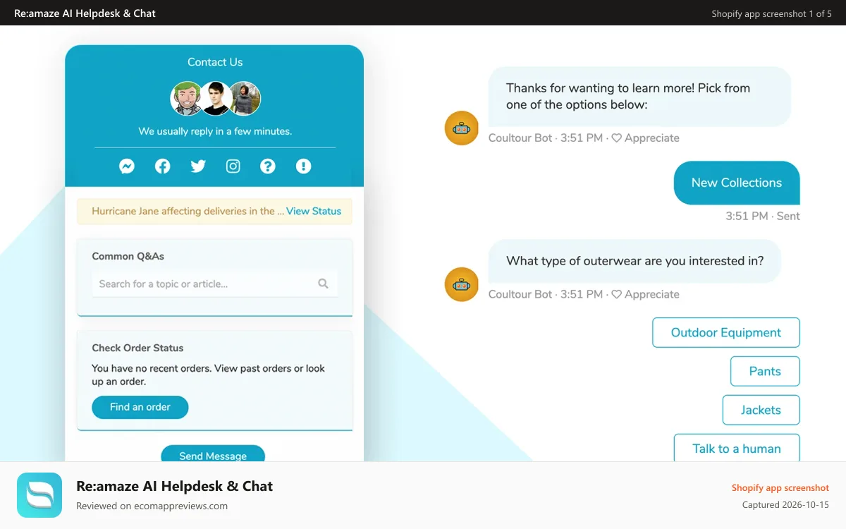 Re:amaze AI Helpdesk & Chat Shopify app screenshot: Live chat with AI agent and chatbots designed for eCommerce.