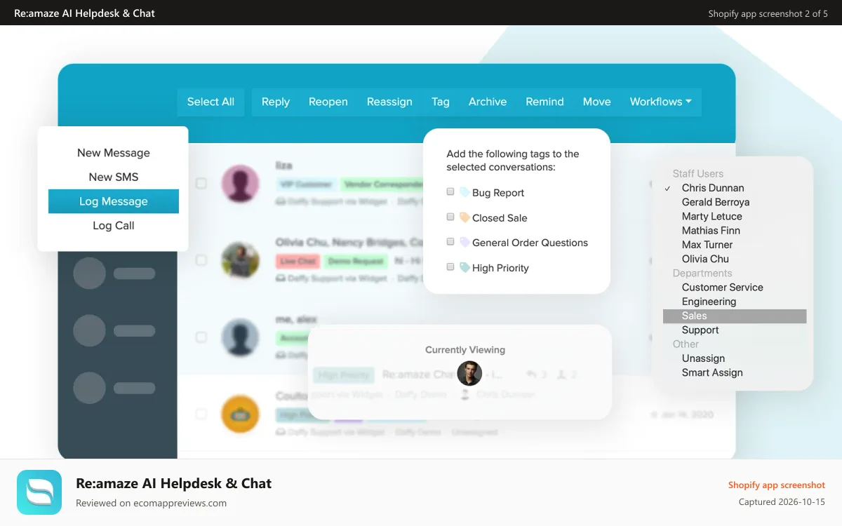 Re:amaze AI Helpdesk & Chat Shopify app screenshot: Multi-channel shared inbox designed for team collaboration.