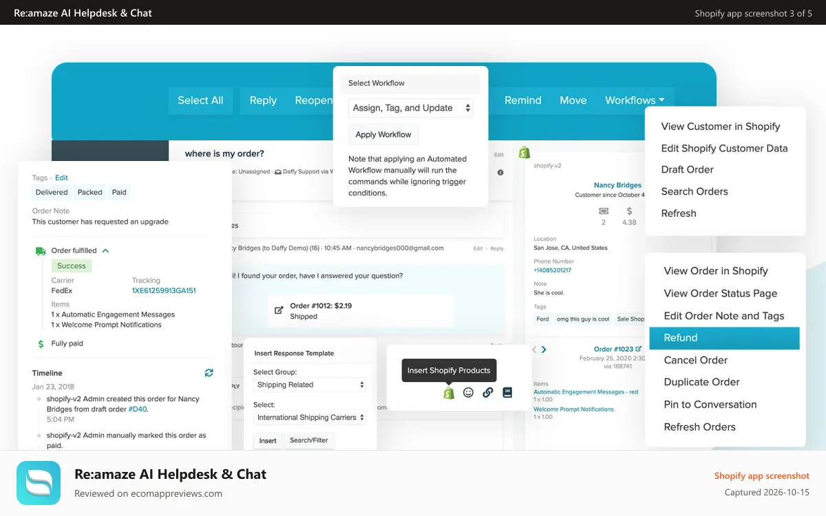 Re:amaze AI Helpdesk & Chat Shopify app screenshot: Fully integrated with Shopify for order management.