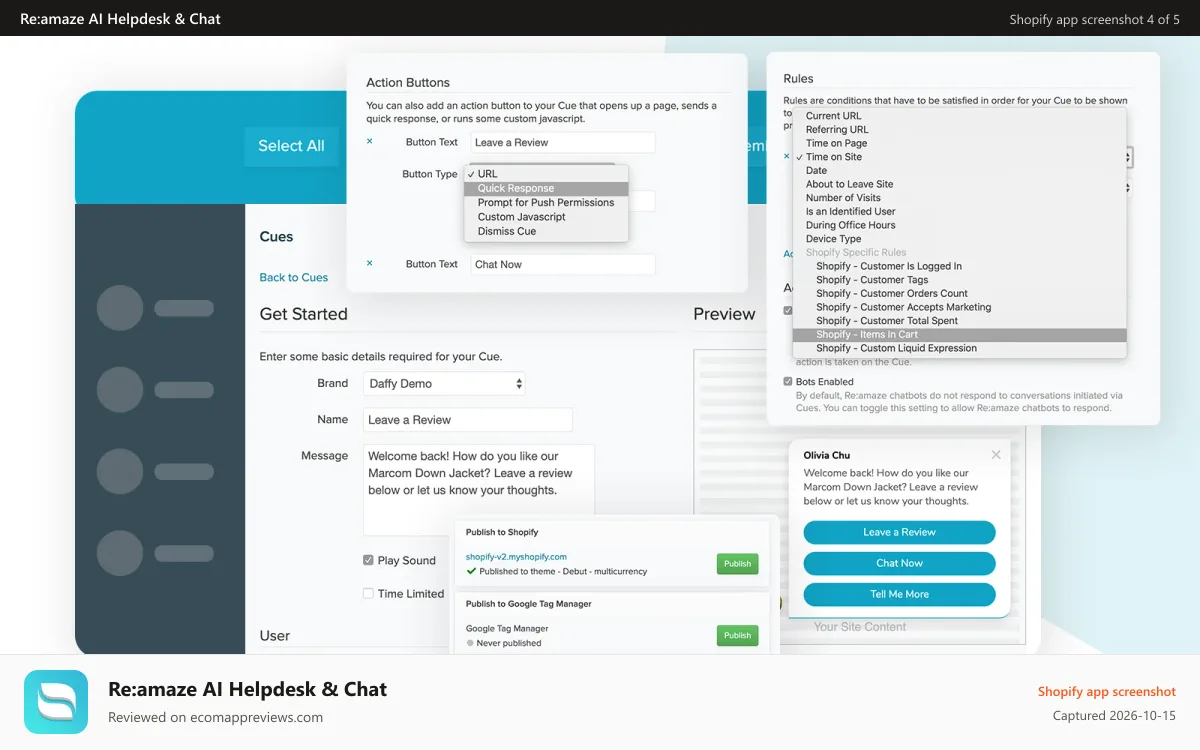 Re:amaze AI Helpdesk & Chat Shopify app screenshot: Create automated messages that target Shopify customers.
