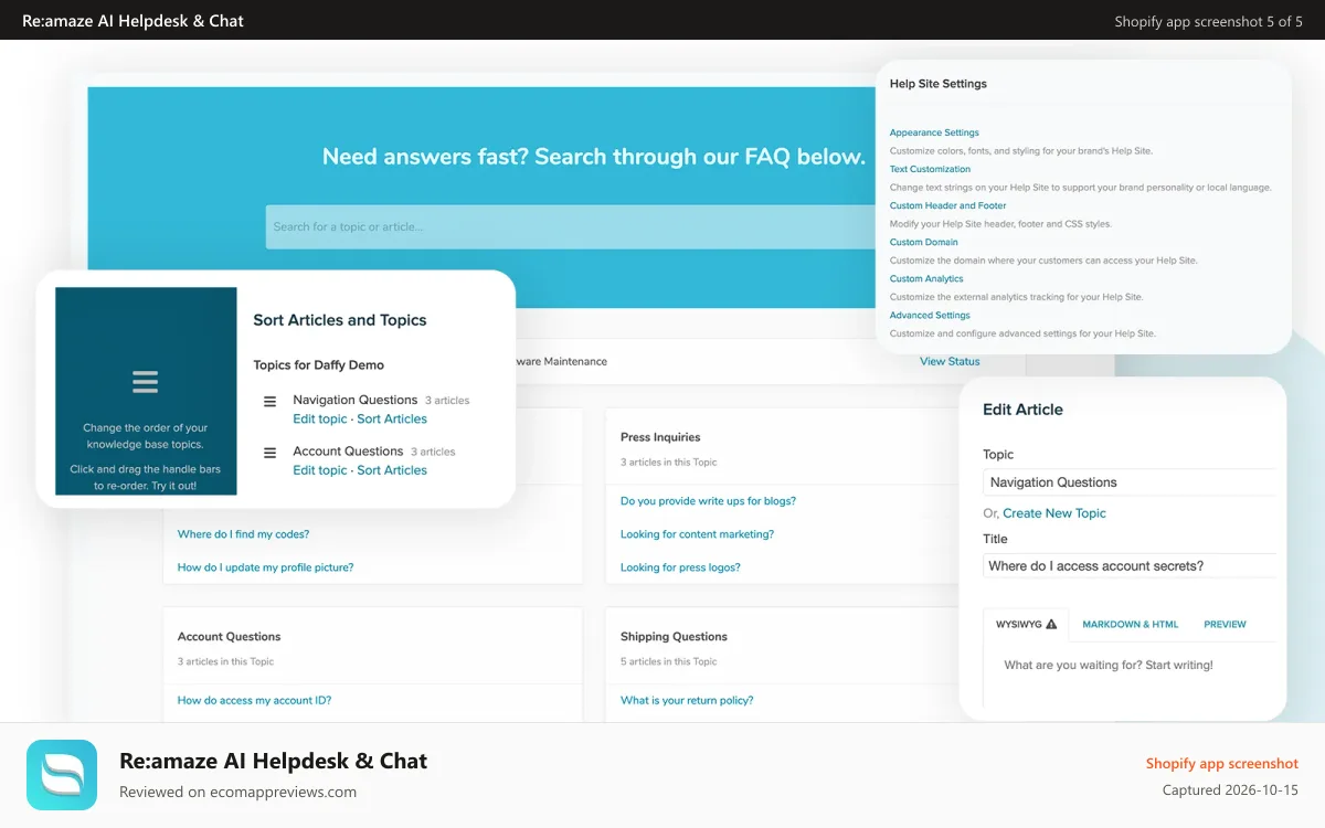Re:amaze AI Helpdesk & Chat Shopify app screenshot: FAQ help center designed to educate your customers.