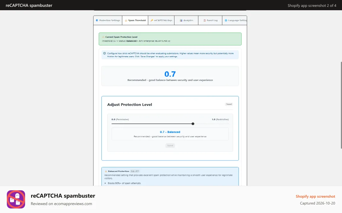 reCAPTCHA spambuster Shopify app screenshot: Customer Spam Threshold Settings