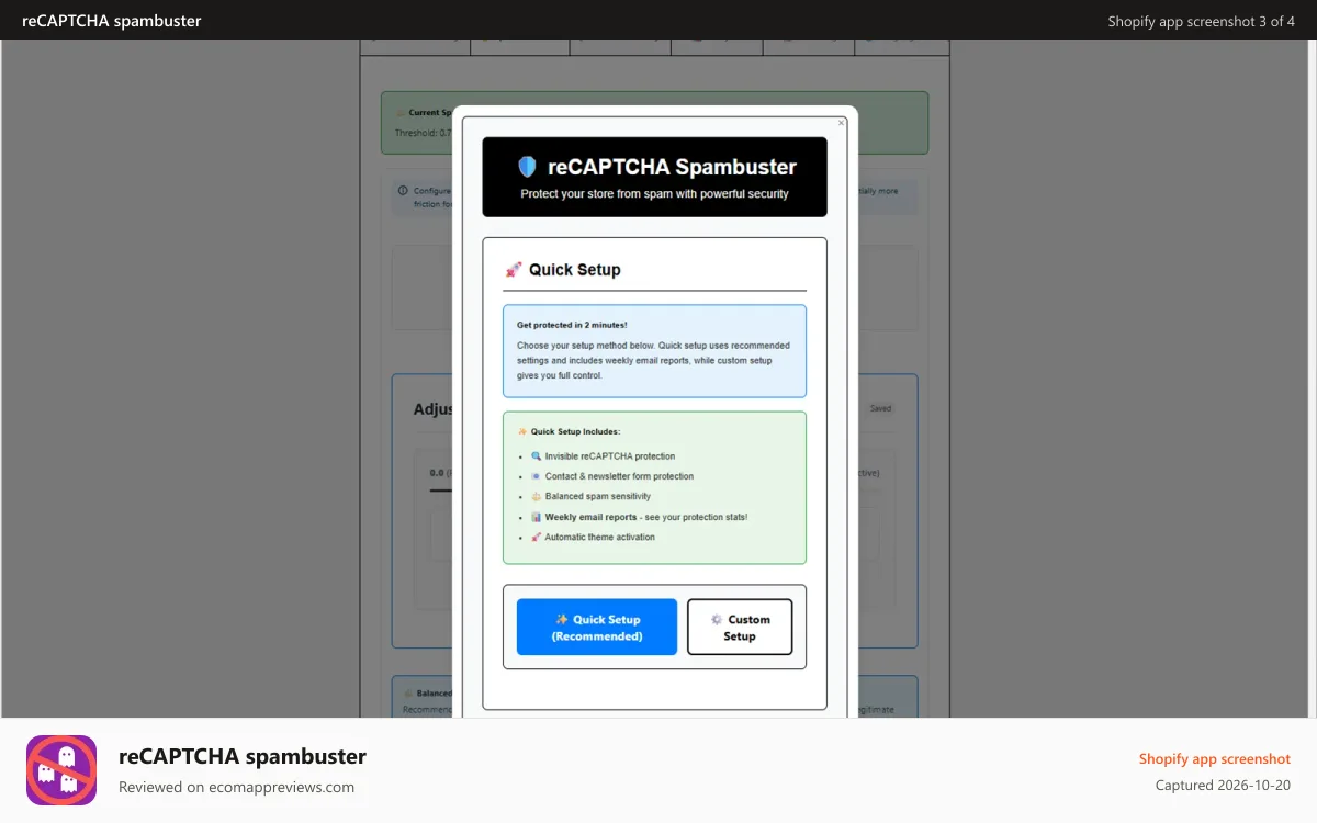 reCAPTCHA spambuster Shopify app screenshot: Quick and easy setup Wizard