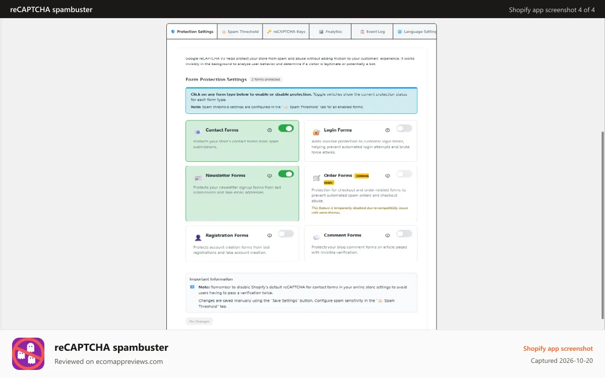 reCAPTCHA spambuster Shopify app screenshot: Comprehensive protection coverage of Form Types